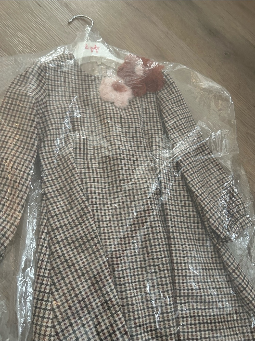 Il Gufo Plaid Wool-Blend Dress with Pink & Brown Floral Accent
